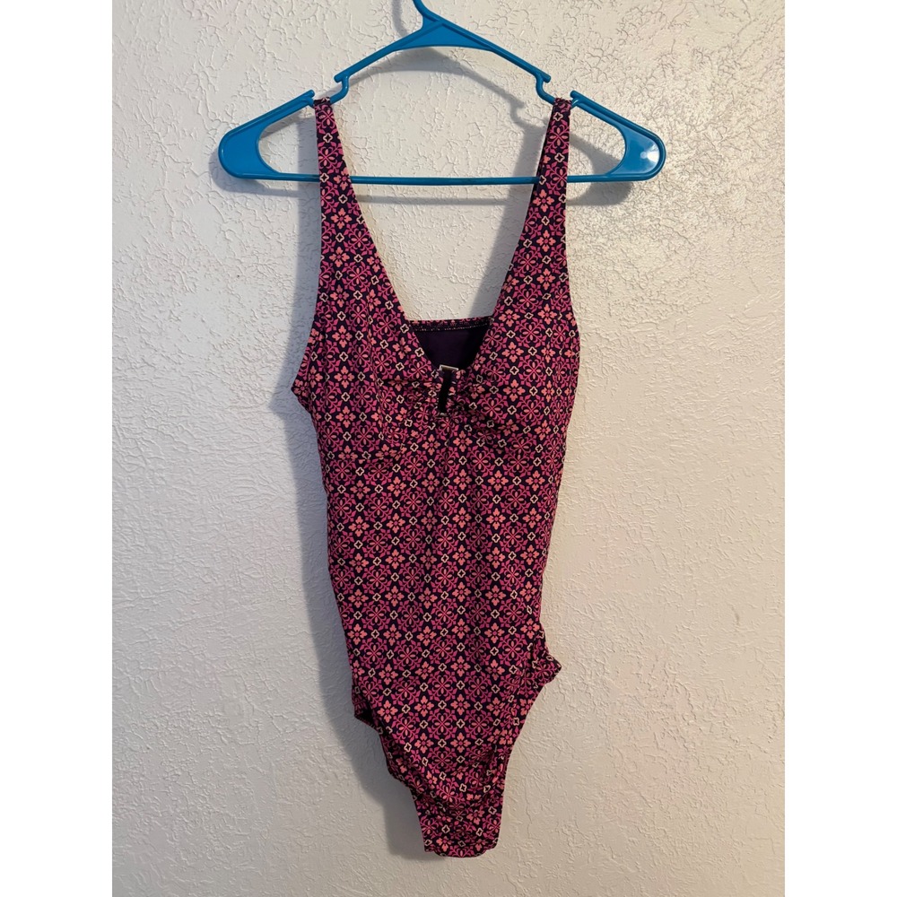 Lands End Womens Purple Pink Geometric Floral V-Neck One Piece Swimsuit Size 6L